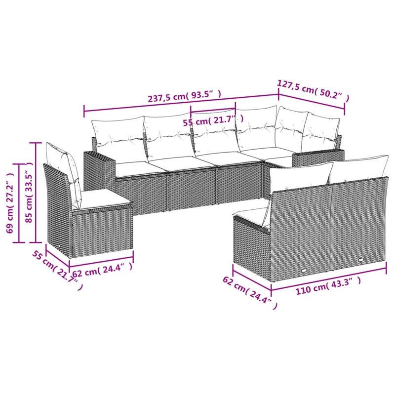 Afuera Living Contemporary 8 Piece Poly Rattan Sofa Set in Gray