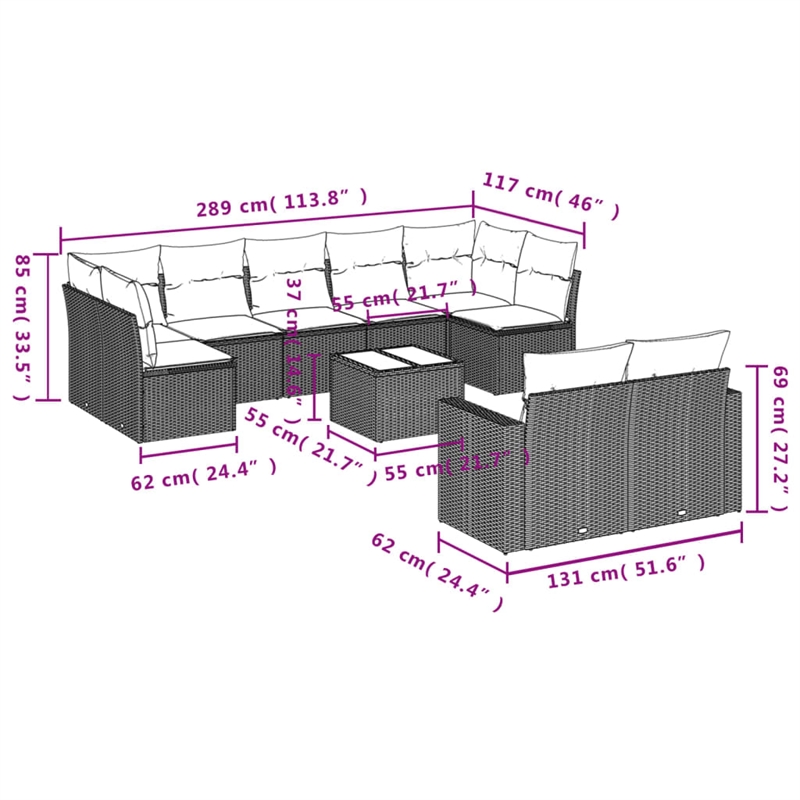 Afuera Living Contemporary 10 Piece Poly Rattan Sofa Set in Gray