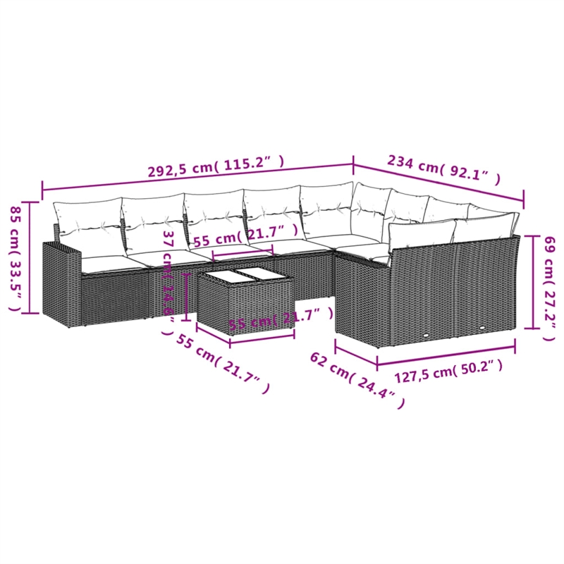 Afuera Living Contemporary 10 Piece Poly Rattan Small Sofa Set in Gray