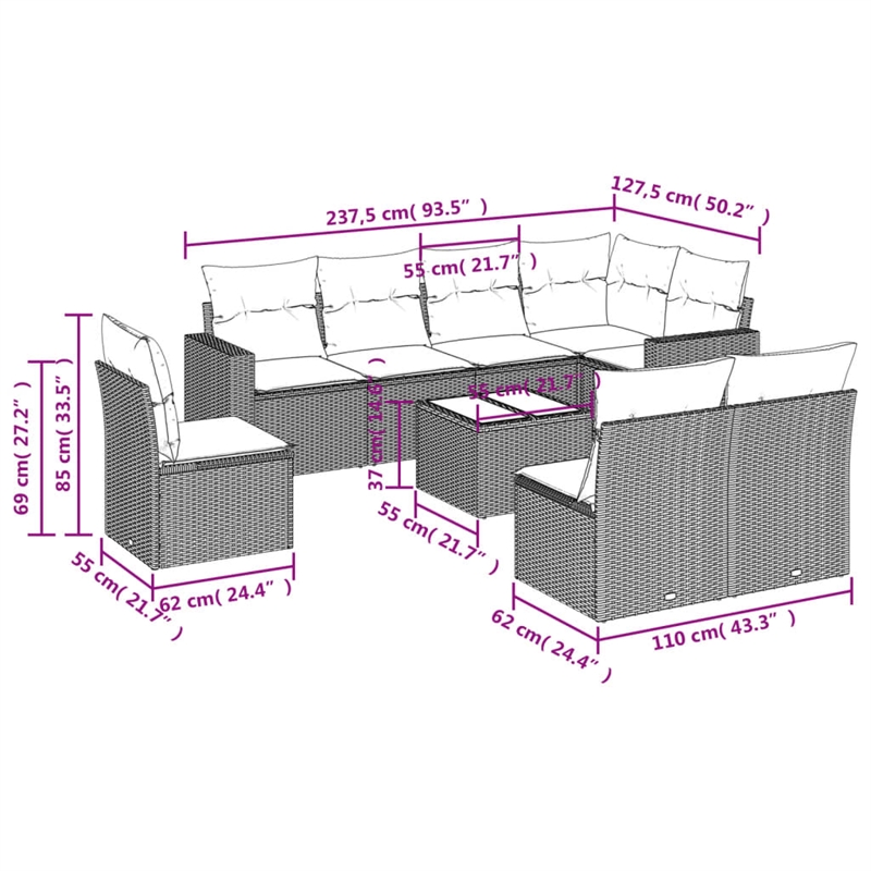 Afuera Living Contemporary 9 Piece Poly Rattan Sofa Set in Black