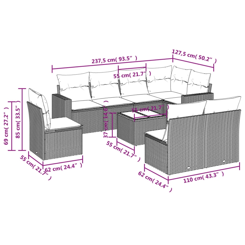 Afuera Living Contemporary 9 Piece Poly Rattan Large Sofa Set in Beige