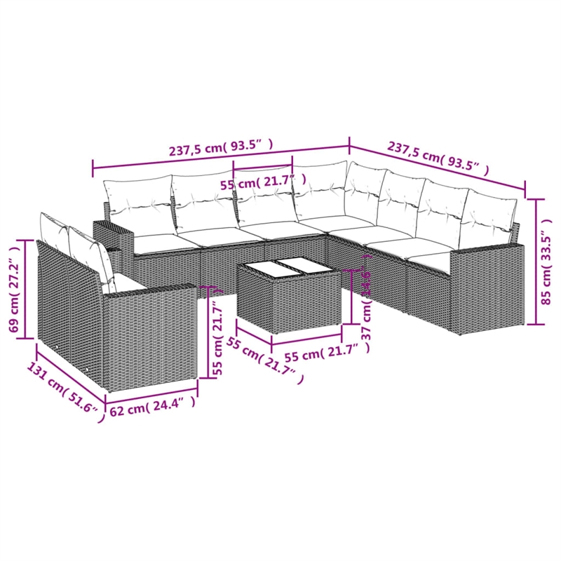 Afuera Living Contemporary 10 Piece Poly Rattan Sofa Set in Gray