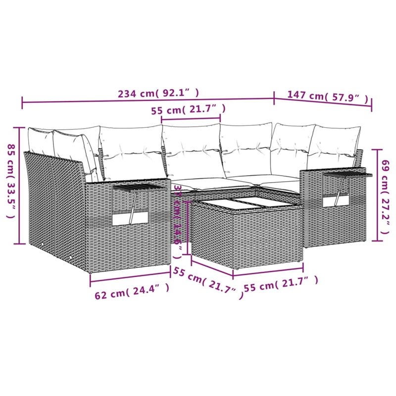 Afuera Living Contemporary Synthetic Poly Rattan 7 Piece  Sofa Set in Beige