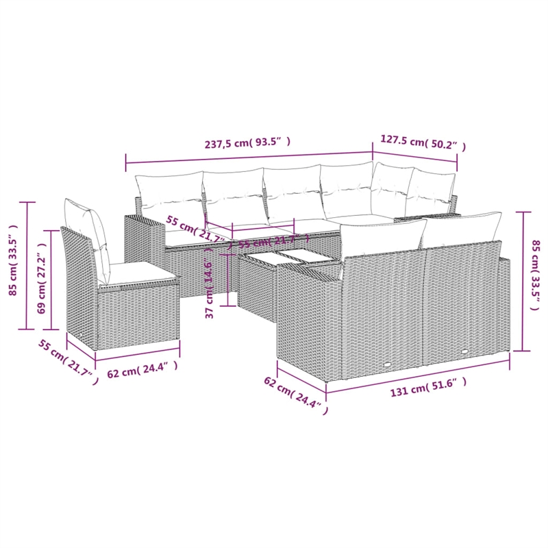 Afuera Living Contemporary Synthetic Poly Rattan 9 Piece  Sofa Set in Brown