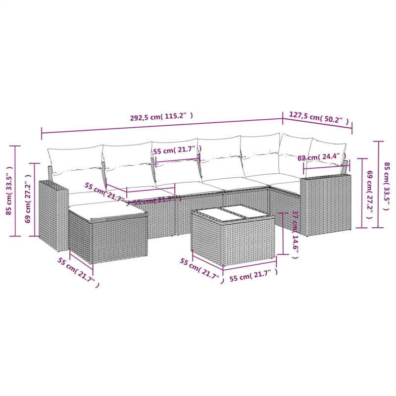 Afuera Living Contemporary Synthetic Poly Rattan 8 Piece  Sofa Set in Gray