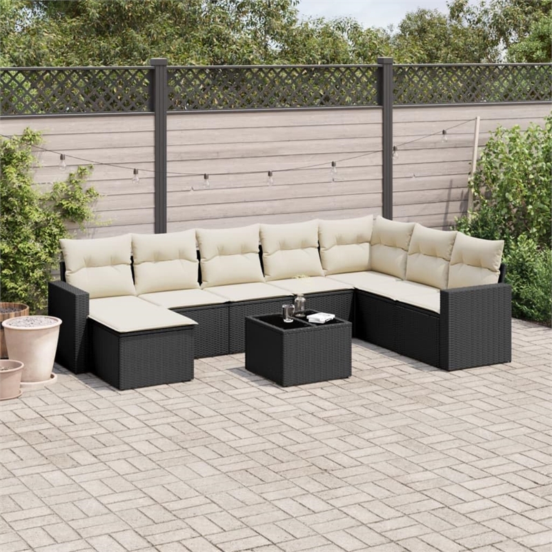 Afuera Living Contemporary 9 Piece Poly Rattan Sofa Set in Black/Cream