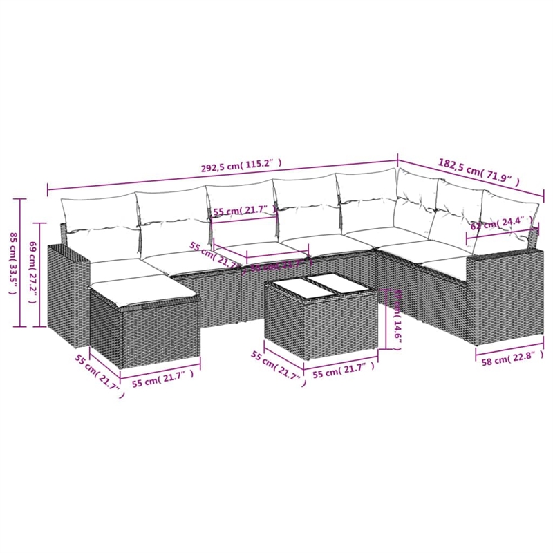 Afuera Living Contemporary 9 Piece Poly Rattan Sofa Set in Black/Cream