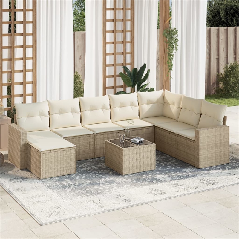 Afuera Living Contemporary Synthetic Poly Rattan 9 Piece  Sofa Set in Beige