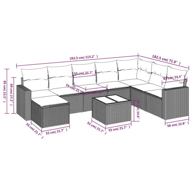 Afuera Living Contemporary Synthetic Poly Rattan 9 Piece  Sofa Set in Beige