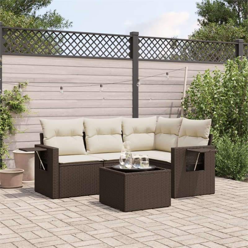 Afuera Living Contemporary Synthetic Poly Rattan 5 Piece Sofa Set in Brown/Cream