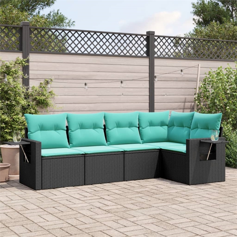 Afuera Living 5 Piece Poly Rattan Patio Sofa Set in Black/Blue