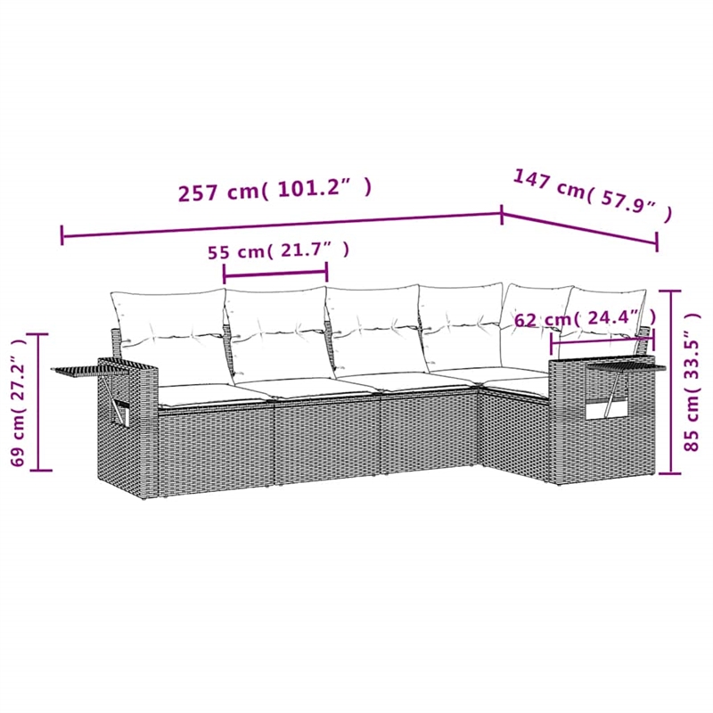 Afuera Living Contemporary 5 Piece Poly Rattan Large Sofa Set in Brown