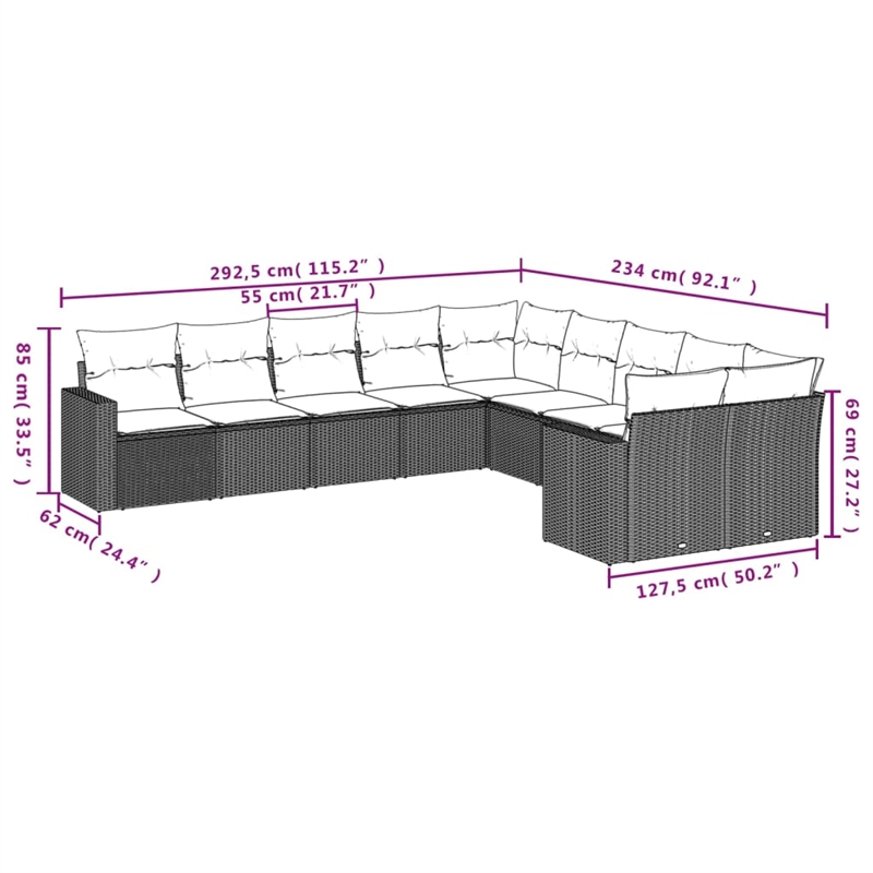 Afuera Living Contemporary 10 Piece Poly Rattan Sofa Set in Gray