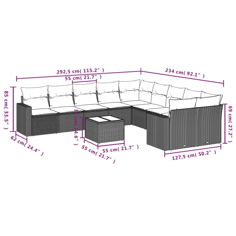 Afuera Living Contemporary 11 Piece Poly Rattan Sofa Set in Black/Cream