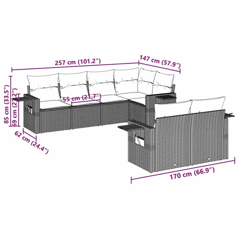 Afuera Living Contemporary 7 Piece Poly Rattan Sofa Set in Gray