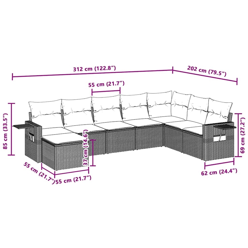 Afuera Living Contemporary 8 Piece Poly Rattan Large Sofa Set in Gray