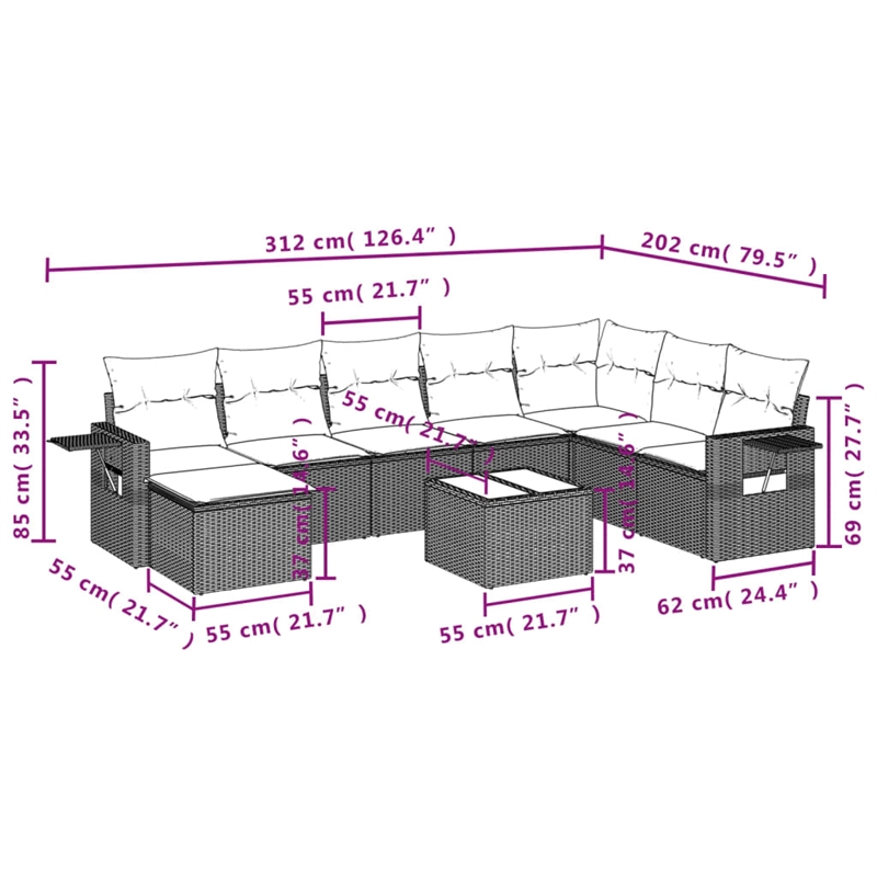 Afuera Living Contemporary 9 Piece Poly Rattan Sofa Set in Gray