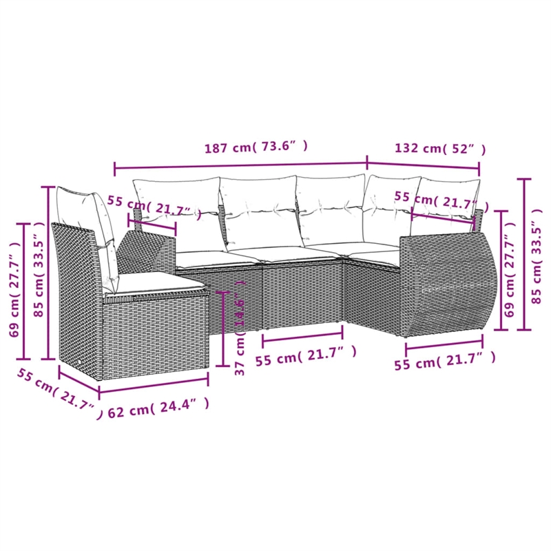 Afuera Living Contemporary 5 Piece Poly Rattan Medium Sofa Set in Beige