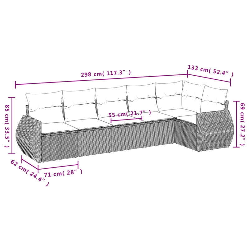 Afuera Living Contemporary 6 Piece Poly Rattan Sofa Set in Brown