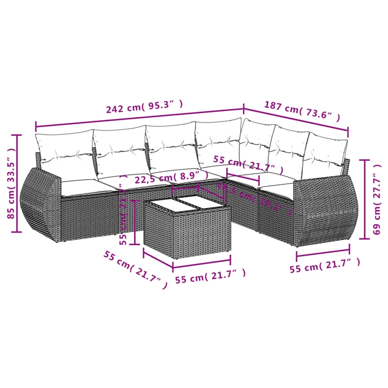 Afuera Living Contemporary Synthetic Poly Rattan 7 Piece Sofa Set in Gray