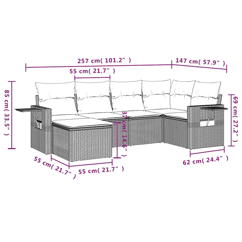 Afuera Living Contemporary 6 Piece Poly Rattan Sofa Set in Gray