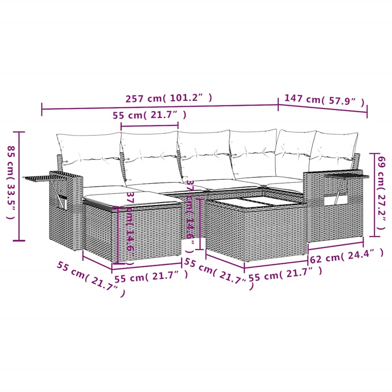 Afuera Living Contemporary 7 Piece Poly Rattan Sofa Set in Gray