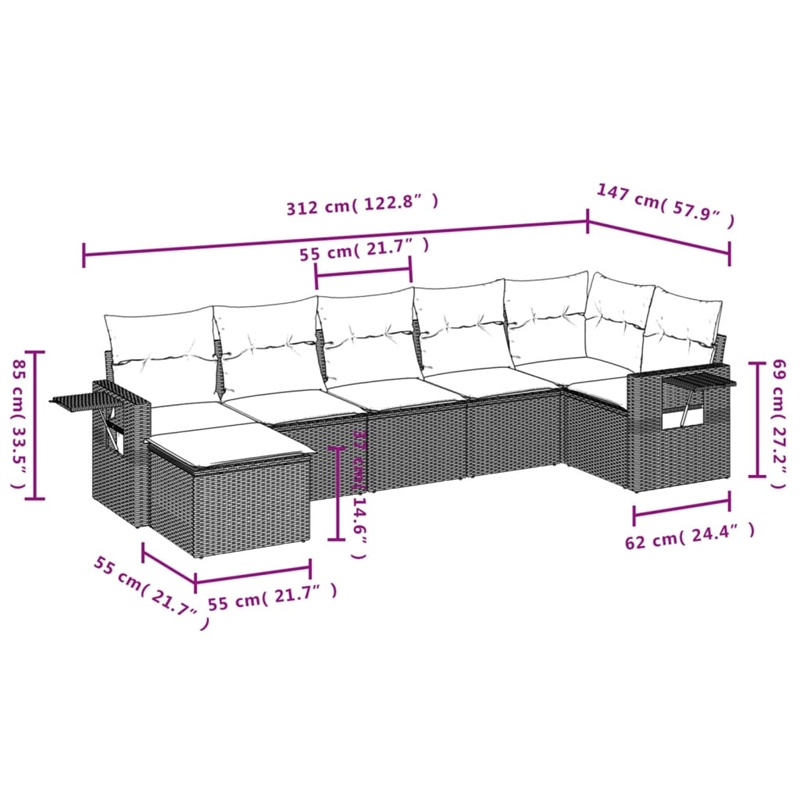 Afuera Living Contemporary 7 Piece Poly Rattan Large Sofa Set in Black