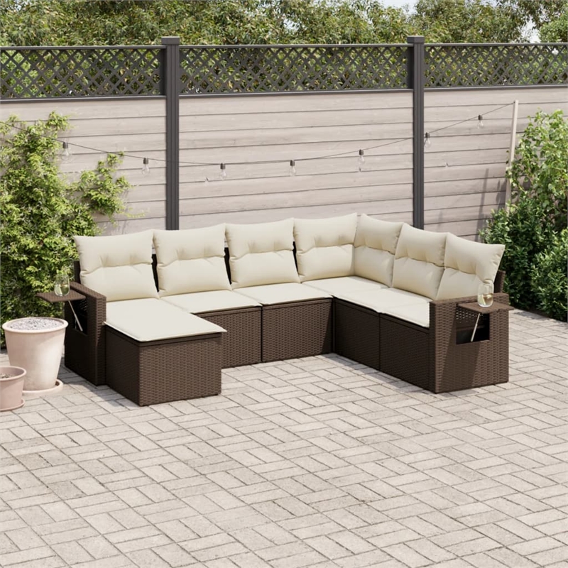 Afuera Living Contemporary Synthetic Poly Rattan 7 Piece Sofa Set in Brown/Cream
