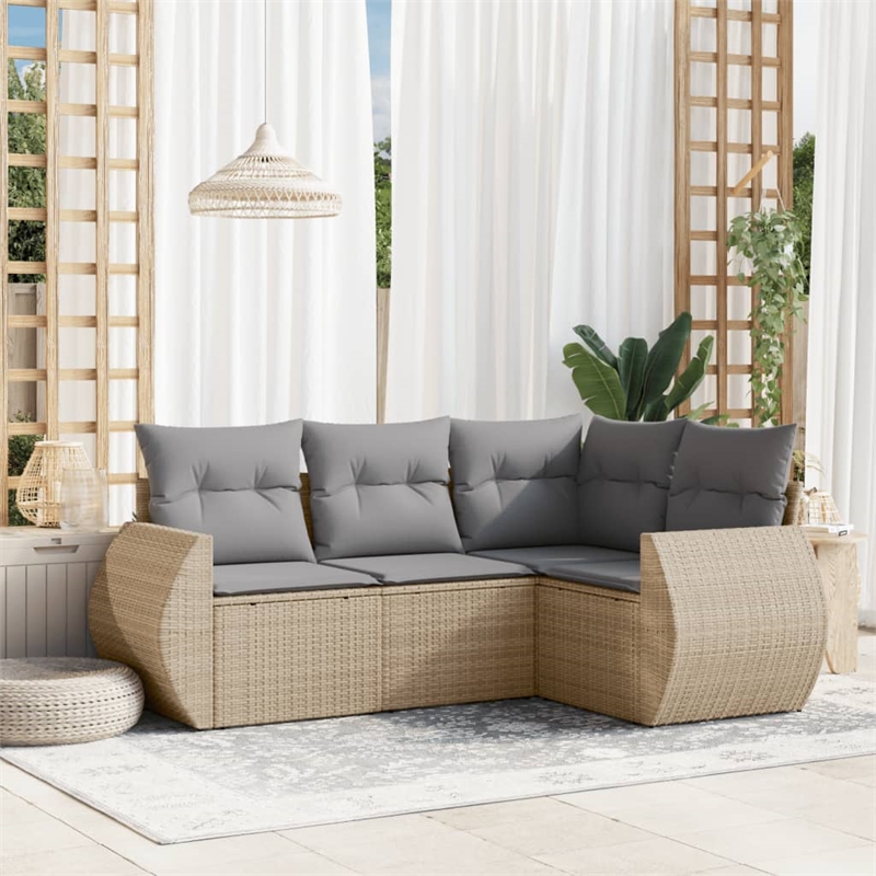 Afuera Living Contemporary 4 Piece Poly Rattan Large Sofa Set in Beige