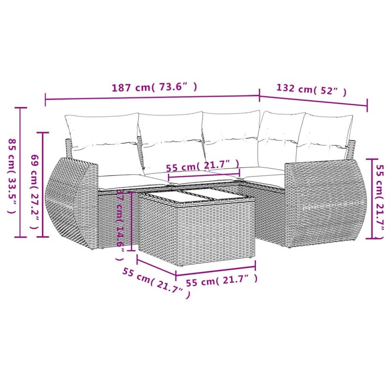 Afuera Living Contemporary Synthetic Poly Rattan 5 Piece Sofa Set in Cream/Beige