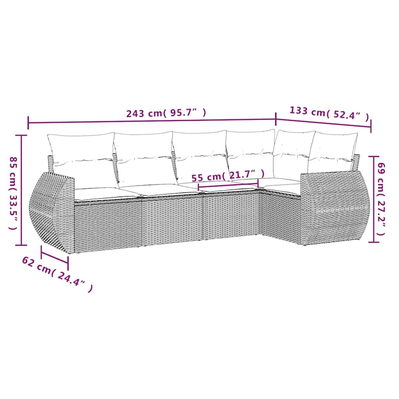 Afuera Living Contemporary 5 Piece Poly Rattan Sofa Set in Gray
