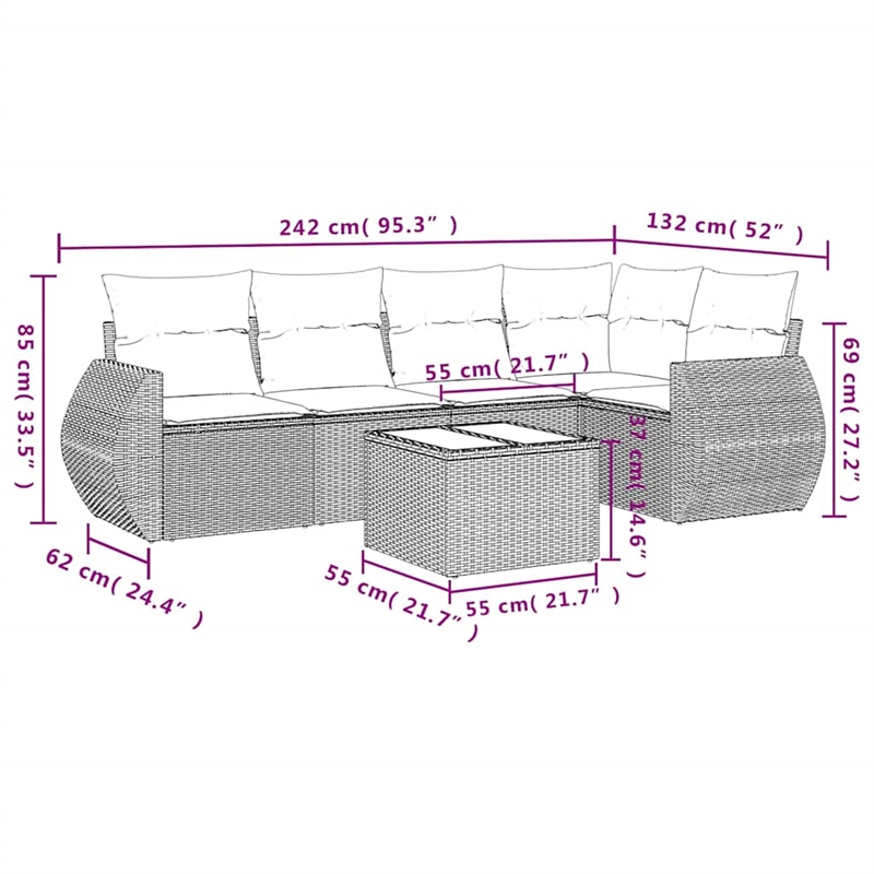 Afuera Living Contemporary 6 Piece Poly Rattan Large Sofa Set in Gray