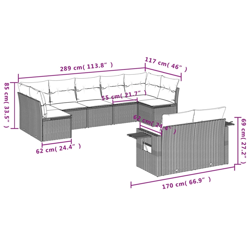 Afuera Living Contemporary 9 Piece Poly Rattan Sofa Set in Gray