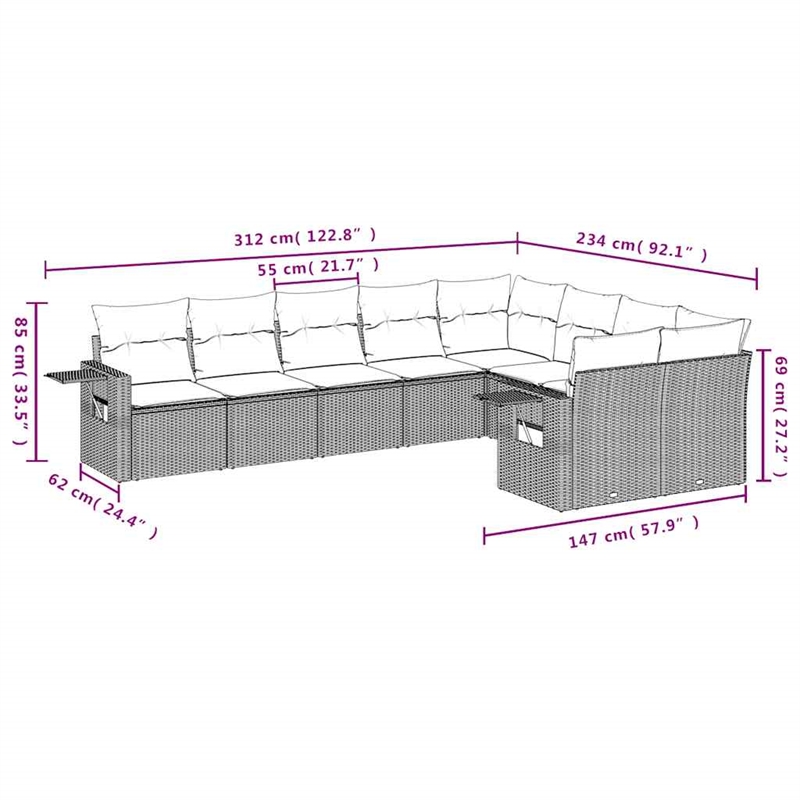 Afuera Living Contemporary Synthetic Poly Rattan 9 Piece  Sofa Set in Gray