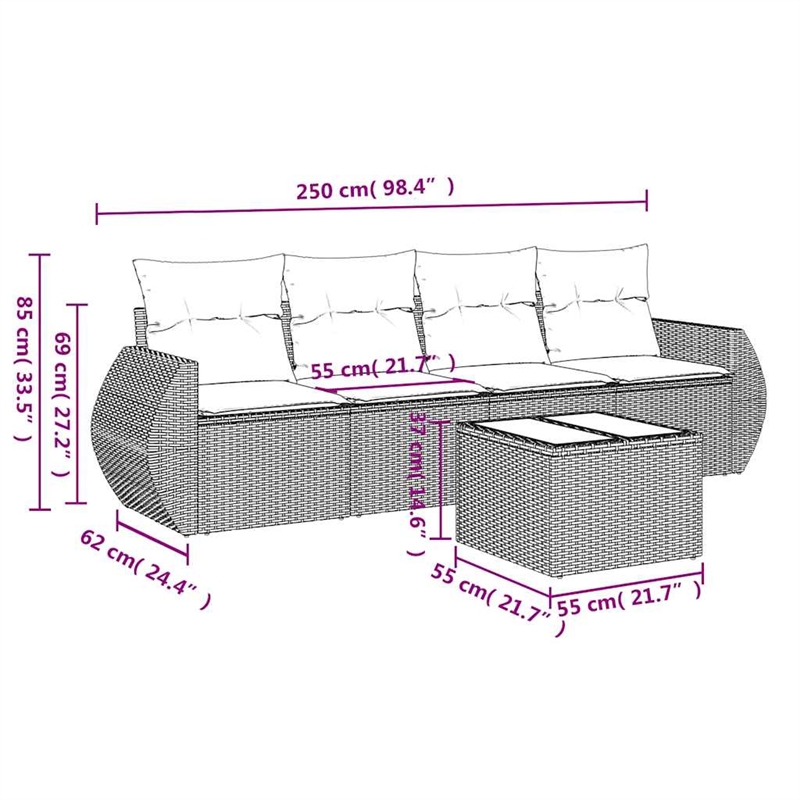 Afuera Living Contemporary 5 Piece Poly Rattan Sofa Set in Gray