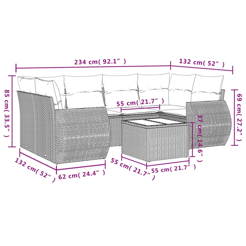 Afuera Living Contemporary 7 Piece Poly Rattan Sofa Set in Gray