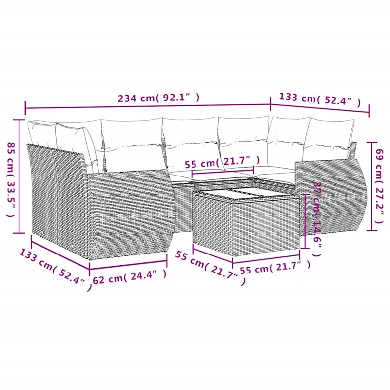 Afuera Living Contemporary 7 Piece Poly Rattan Sofa Set in Gray