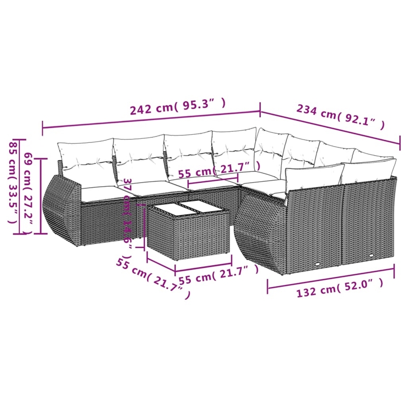 Afuera Living Contemporary Synthetic Poly Rattan 9 Piece  Sofa Set in Gray