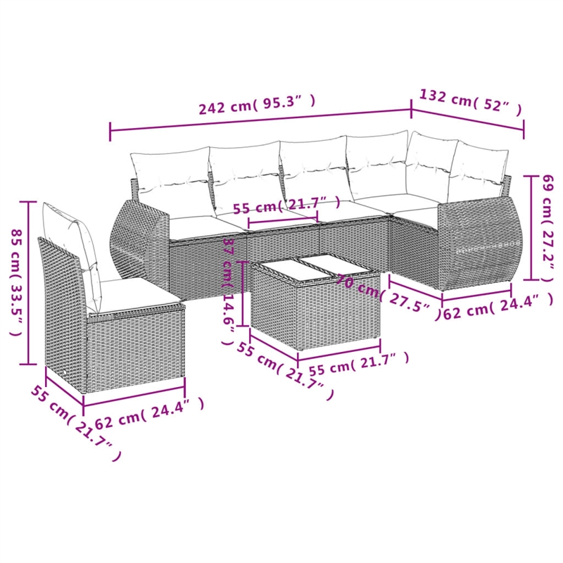 Afuera Living Contemporary 7 Piece Poly Rattan Large Sofa Set in Beige