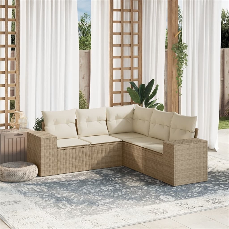 Afuera Living Contemporary 5 Piece Poly Rattan Sofa Set in Cream/Beige
