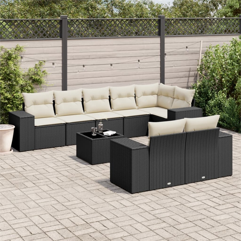 Afuera Living Contemporary Synthetic Poly Rattan 9 Piece Sofa Set in Black/Cream