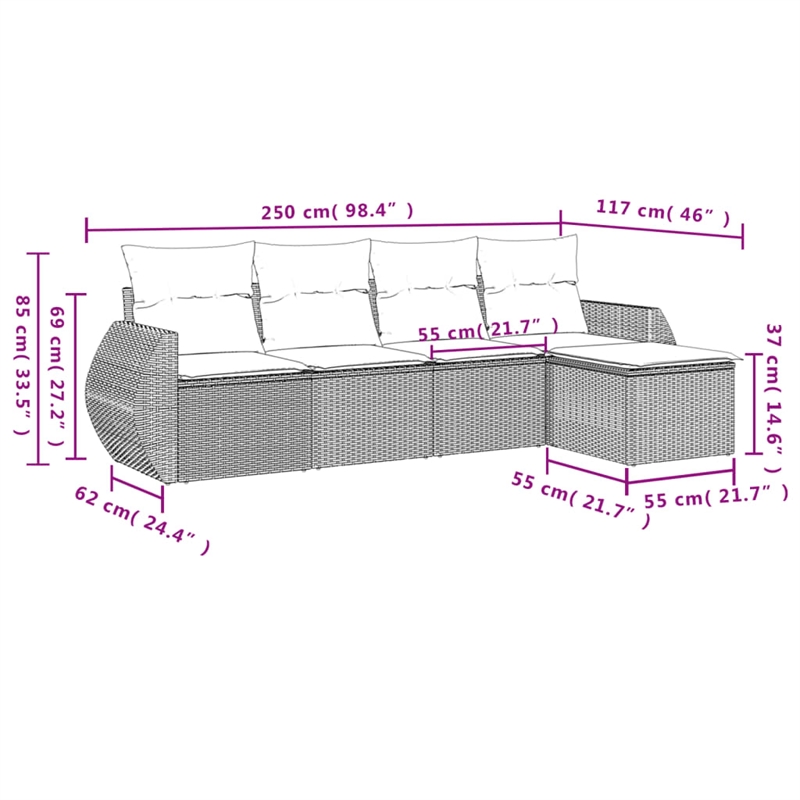Afuera Living Contemporary 5 Piece Poly Rattan Sofa Set in Gray/Beige