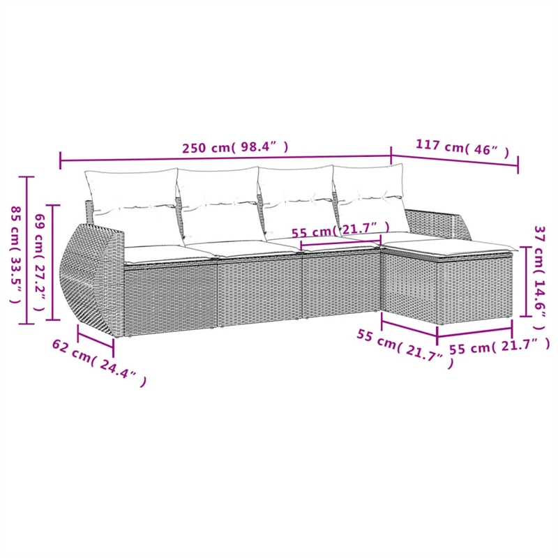 Afuera Living Contemporary 5 Piece Poly Rattan Sofa Set in Brown/Cream