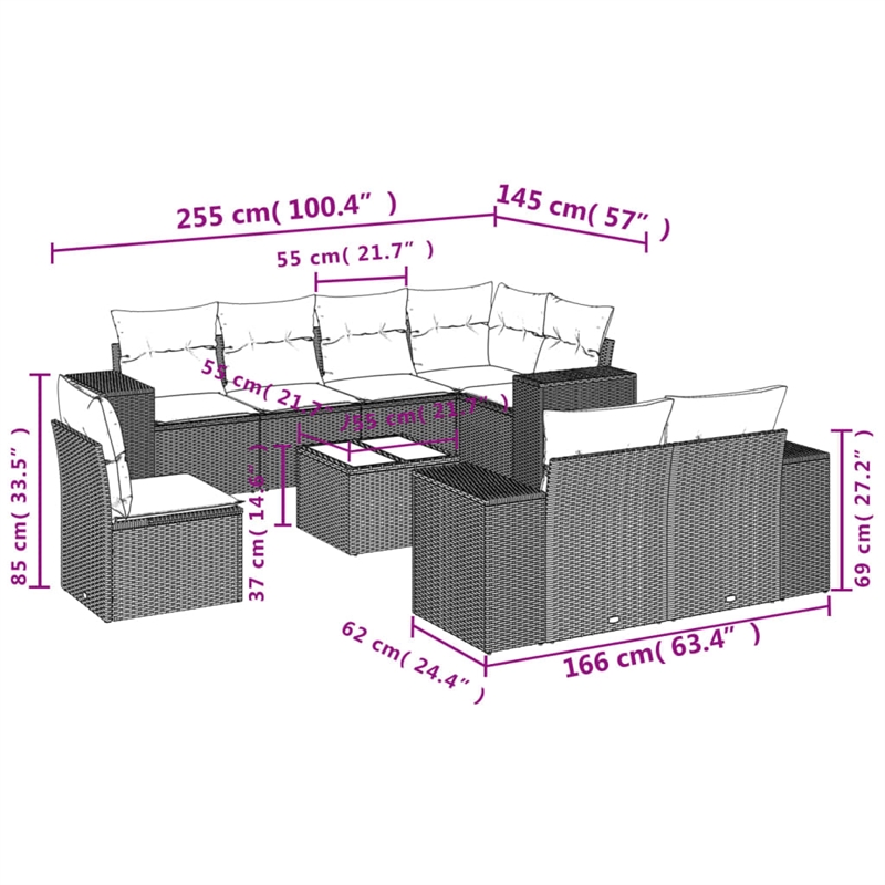 Afuera Living Contemporary Synthetic Poly Rattan 9 Piece Sofa Set in Gray