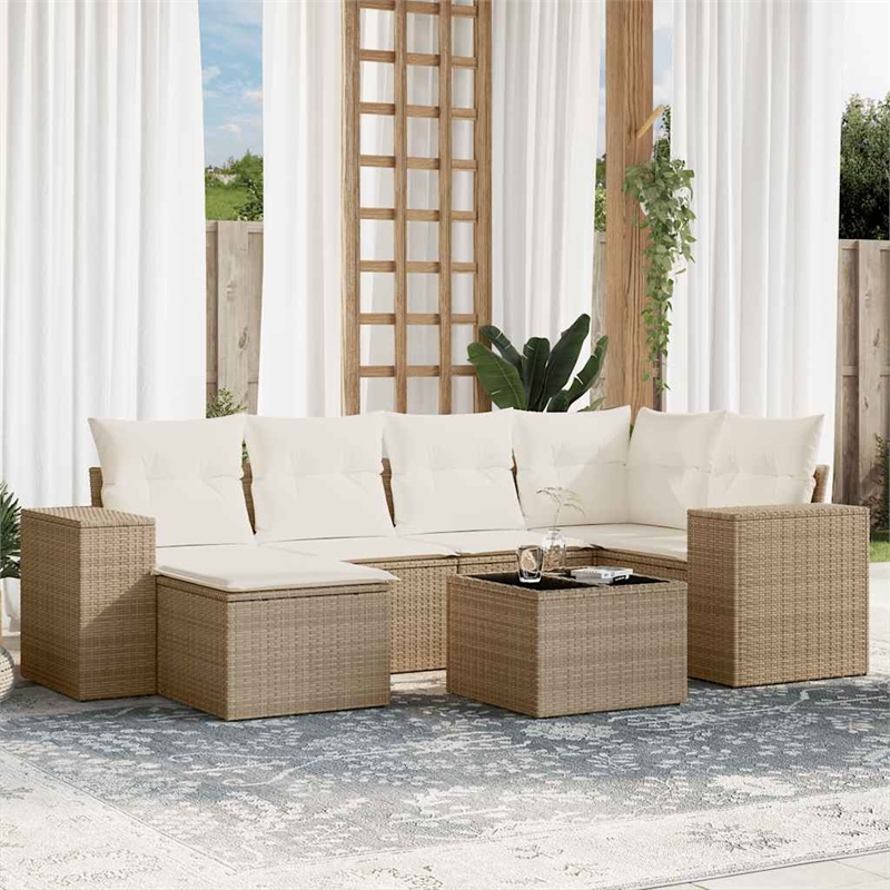 Afuera Living Contemporary 7 Piece Poly Rattan Sofa Set in Beige