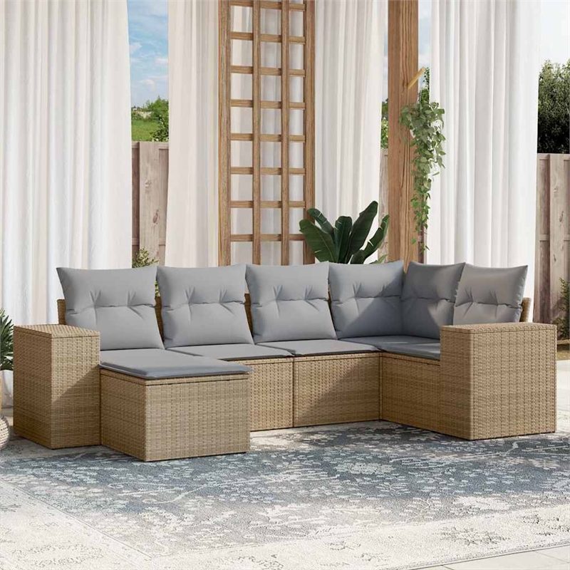 Afuera Living Contemporary Synthetic Poly Rattan 6 Piece Sofa Set in Gray/Beige