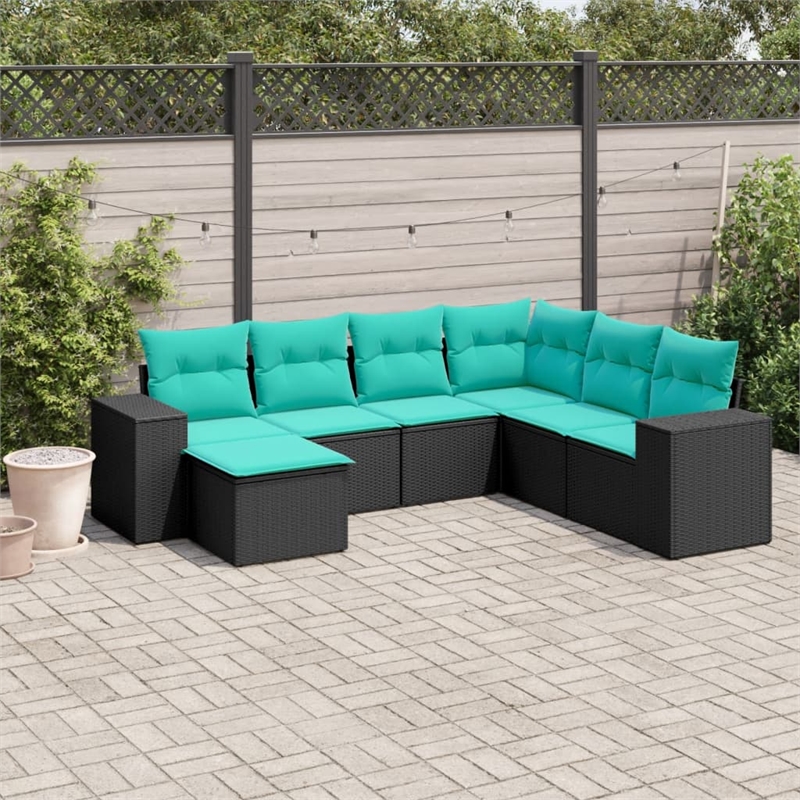 Afuera Living 7 Piece Poly Rattan Large Patio Sofa Set in Black/Blue