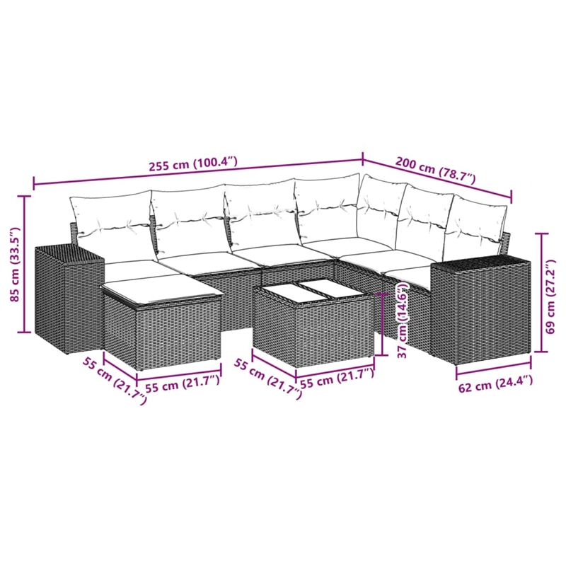 Afuera Living Contemporary 8 Piece Poly Rattan Sofa Set in Black