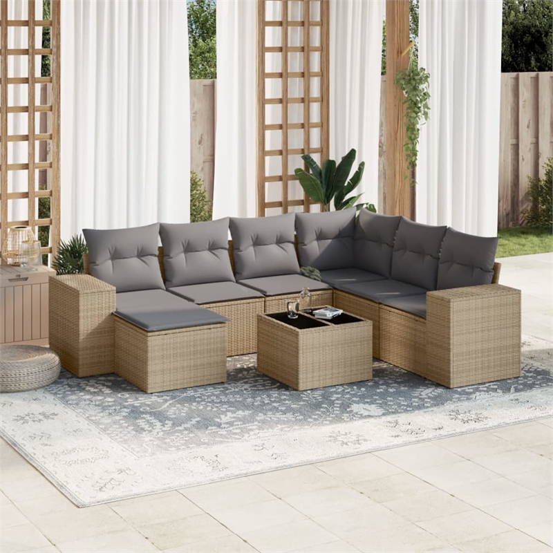 Afuera Living Contemporary Synthetic Poly Rattan 8 Piece  Sofa Set in Beige