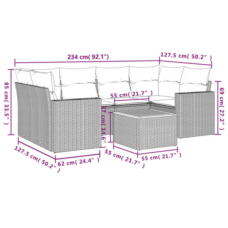 Afuera Living Contemporary 7 Piece Poly Rattan Sofa Set in Black/Cream